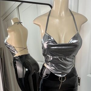 Silver shinny backless metallic Halter Top Opera Small
